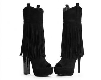 Schwarze Wildleder-Cowboystiefel mit Fransen, Plateauabsatz 13, 15, 19 cm, Peeptoe-Westernstiefel, handgefertigte Stiletto-Festivalschuhe