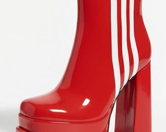 Red Patent Boots, Platform Ankle Style, Thick Chunky Heel, Handmade Designer Footwear, Tall, Leather, Suede