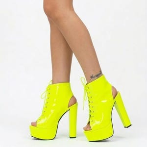 Platform Shoes Neon Yellow Lace-Up, Extreme 19Cm Heel - Peep-Toe, 13/15/19Cm Options (Suede, Faux Vegan Leather)
