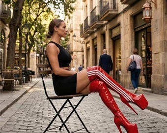 Rote Overknee Plateau Stiefel, 21 cm High Heels, veganes Leder, Fetisch Stiefel für Club, Party, Pole Dance