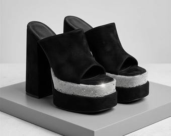 Strass Plateau Sandalen, Chunky High Heels, Kristall Abend Sandalen
