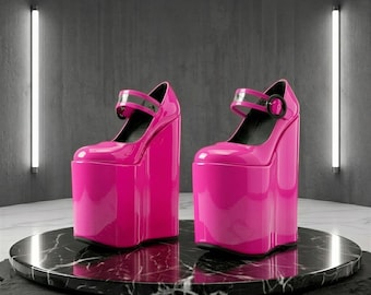 Pinkfarbene Plateau-Heels, maßgefertigte, extrahohe Statement-Schuhe, Absatzhöhe 10-30 cm (optional mit Lackleder- oder Strassverzierungen)