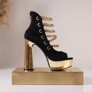 Extreme 21cm Chain Gladiator Heels, Black Vegan Suede Platforms, Metallic Mirror Detail