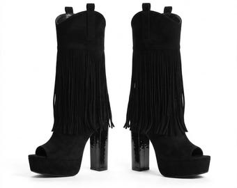 Schwarze Wildleder-Cowboystiefel mit Fransen, 15 cm Plateauabsatz, Peeptoe-Westernstiefel, handgefertigte Stiletto-Festivalschuhe