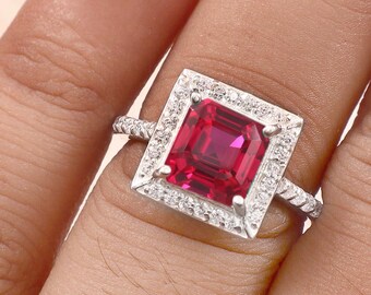 Anello con rubino del Mozambico, anello quadrato con pavé di diamanti in argento sterling 925, taglio a smeraldo.