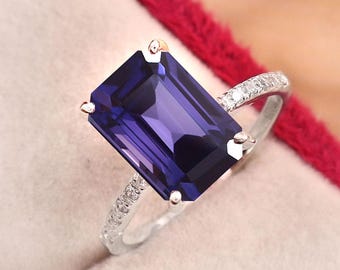 Emerald Cut Blue Sapphire Ring, Sterling Silver Pavé Band, Cocktail Statement Ring (8x11MM)