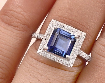 Ceylon Blue Sapphire Ring, Square Emerald Cut 7x7mm, Sterling Silver Halo Engagement Ring
