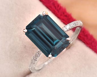 Indicolite Tourmaline Ring, Blue Green Gemstone, 925 Sterling Silver, Emerald Cut Statement Ring 8x11MM