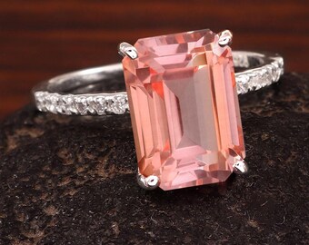 Light Orange Padparadscha Sapphire Ring, Ceylon Sri Lanka, 8x11mm Emerald Cut, Sterling Silver