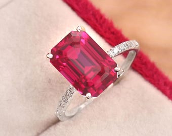 Mozambique Ruby Ring, Emerald Cut Ruby, 925 Sterling Silver, September Gift, Pavé Statement Ring 8x11MM