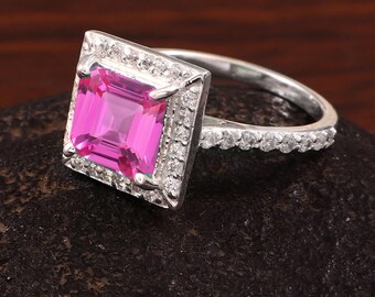 Ceylon Pink Sapphire Ring, 7x7mm Square Emerald Cut, Sterling Silver Halo (September Birthstone)