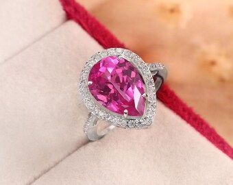 Verlobungsring mit birnenförmigem rosa Saphir im Halo-Design, 14 x 10 mm, Sterlingsilber