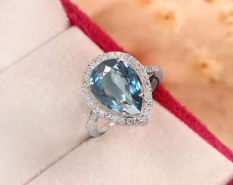 Birnenförmiger Indicolith-Turmalin-Halo-Ring, Verlobungsring aus 925er Sterlingsilber