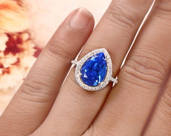 AAA+ blauer Spinellring, birnenförmiger Edelstein, 925er Sterlingsilber, Verlobungsgeschenk (14 x 10 mm)
