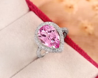 AAA+ Ceylon-Saphirring in Hellrosa, birnenförmiger Edelstein, Halo-Ring aus 925er Sterlingsilber