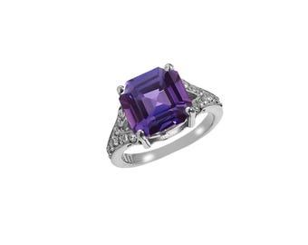 Asscher-Ring mit lila-rosa Saphir, Sterlingsilber, Art-Deco-Schnitt mit geteilter Ringschiene (10 x 10 mm)