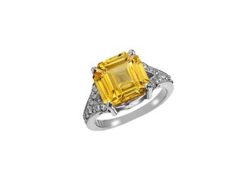Ring mit gelbem Ceylon-Saphir im Asscher-Schliff, Sterlingsilber, Art-Deco-Solitär (10 x 10 mm)