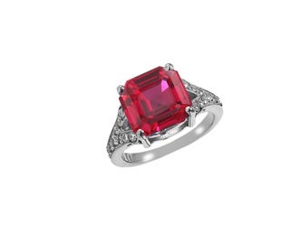 Ring mit einem Rubin aus Mosambik im Asscher-Schliff, Sterling Silber Art Deco geteilte Ringschiene (10 x 10 mm)