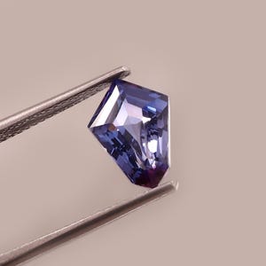 Könnte beinhalten: Ein facettierter, blau-violetter Edelstein, der von einer Pinzette gehalten wird. Der Edelstein hat einen einzigartigen, geometrischen Schliff mit mehreren Facetten, die das Licht reflektieren. Die Farbe wechselt von einem helleren Blau zu einem tieferen Violett.