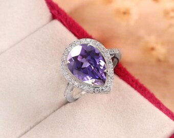 Birnenförmiger Ring mit violettem Saphir-Halo, Jubiläumsring aus 925er Sterlingsilber
