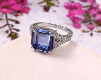 Ring mit blauem Saphir im Asscher-Schliff, Sterling Silber Art Deco geteilte Ringschiene (10 x 10 mm)