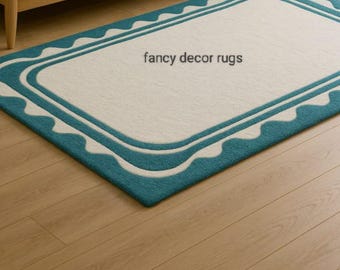 Alfombra geométrica moderna en tonos verde azulado y crema / Alfombra suave tejida a mano para sala de estar / Decoración para el hogar