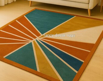 Retro Sunburst Area Rug – Mid Century Modern Geometric Design, for home decor,