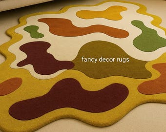 Modern Abstract Irregular Shape Rug – Multicolor Hand-Tufted Carpet in Mustard, Rust, Green & Cream |