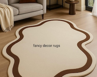 Hand Tufted Wool Rug, Organic Shape, Neutral Beige Brown, Scandinavian Wavy Carpet