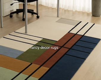 Modern Geometric Area Rug, Abstract Line Color Block Carpet, Minimalist Contemporary Living Room decor