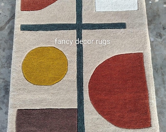 Alfombra geométrica de lana Bauhaus, alfombra abstracta de mediados de siglo, decoración de sala de estar con mechones,