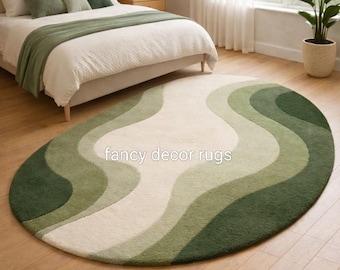Green Oval Area Rug, Modern Abstract Wavy Design rug,