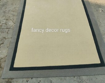 Minimalist Beige Wool Rug | Handmade Modern Carpet, Dark Border