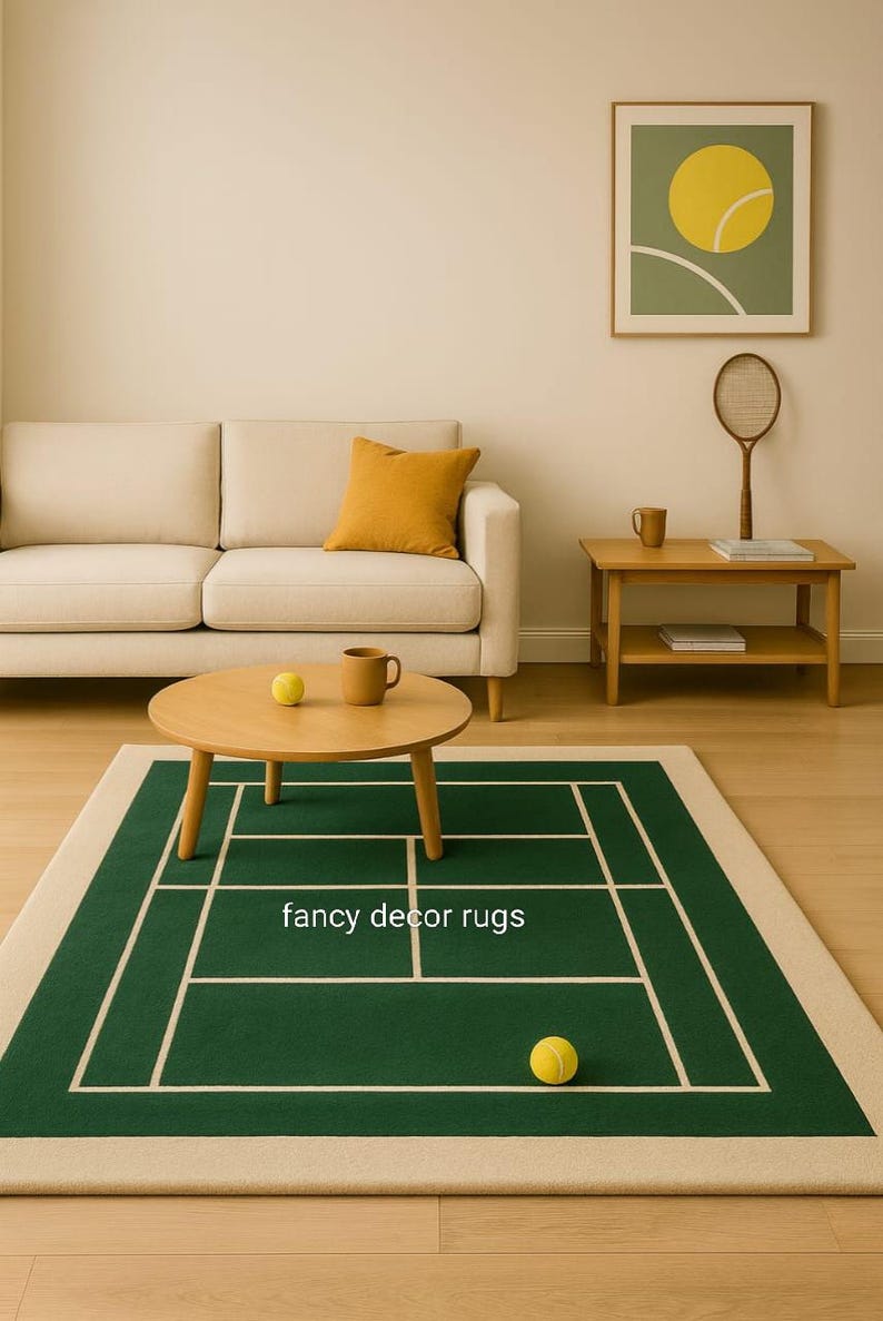 Tennis Coloured Rug Modern Tennis Court Inspired Rug – Green and Cream Hand Tufted Sports ...
