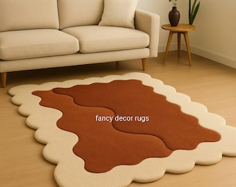 Modern 3D Wavy Area Rug – Beige & Brown Abstract Carpet