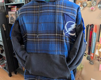Upcycled Tampa Bay Lightning Hoodie – Handmade One-of-a-Kind Scarf Hoodie XL