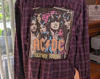 Upcycled AC/DC Distressed Flannel 2XL Burgundy Navy Star Jacket made from thrifted materials