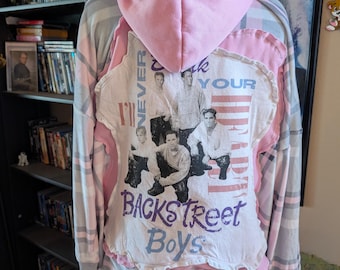 Upcycled Vintage Backstreet Boys Pink And Gray Hoodie size Large