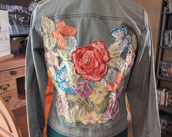Upcycled Floral Rhinestone Pinstripe Jacket one of a kind Cabi Size Small