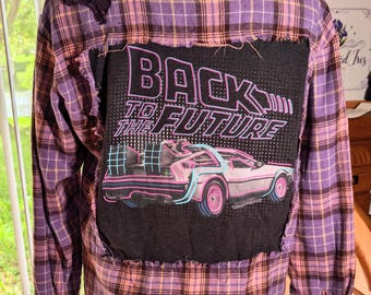 Back to the Future Upcycled DeLorean Purple and Pink Plaid Flannel Size Medium