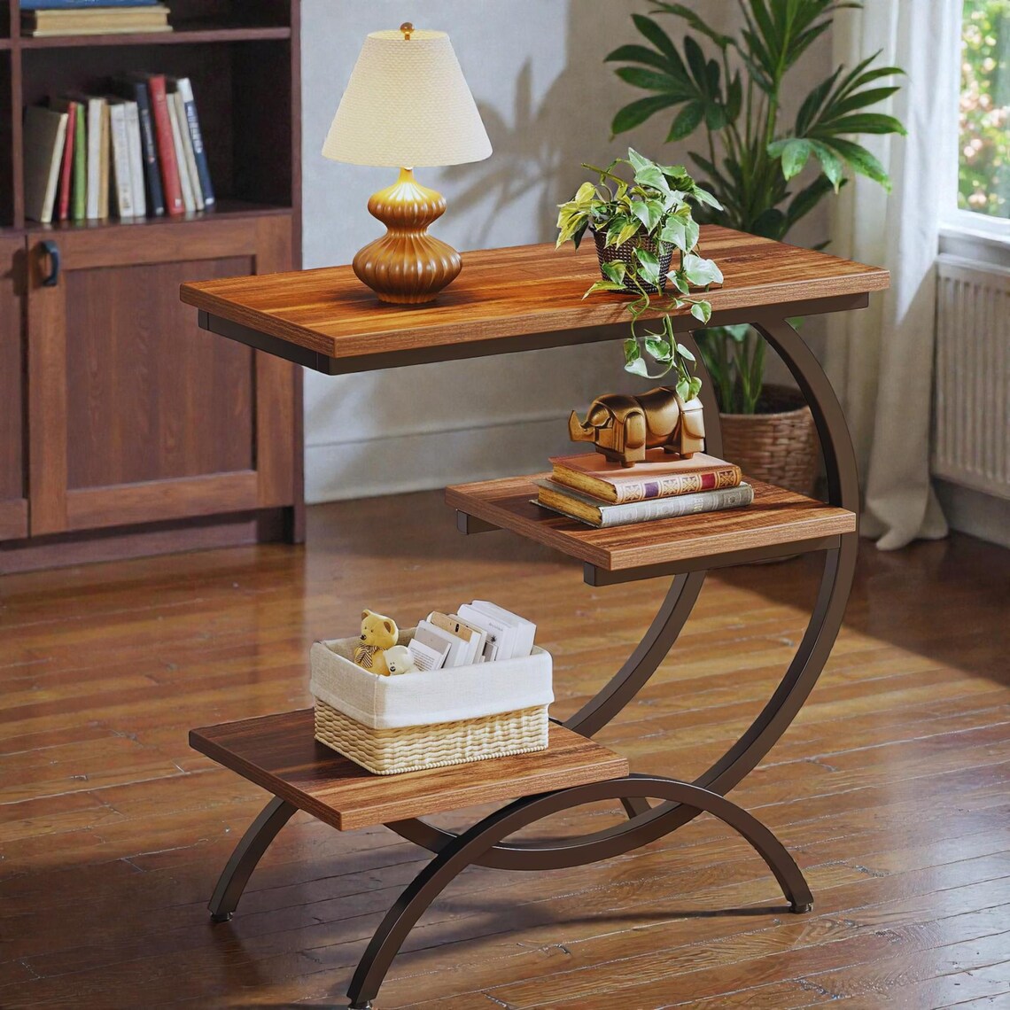 C Shaped End Table With Storage Shelves, Industrial Sofa Side Table for ...