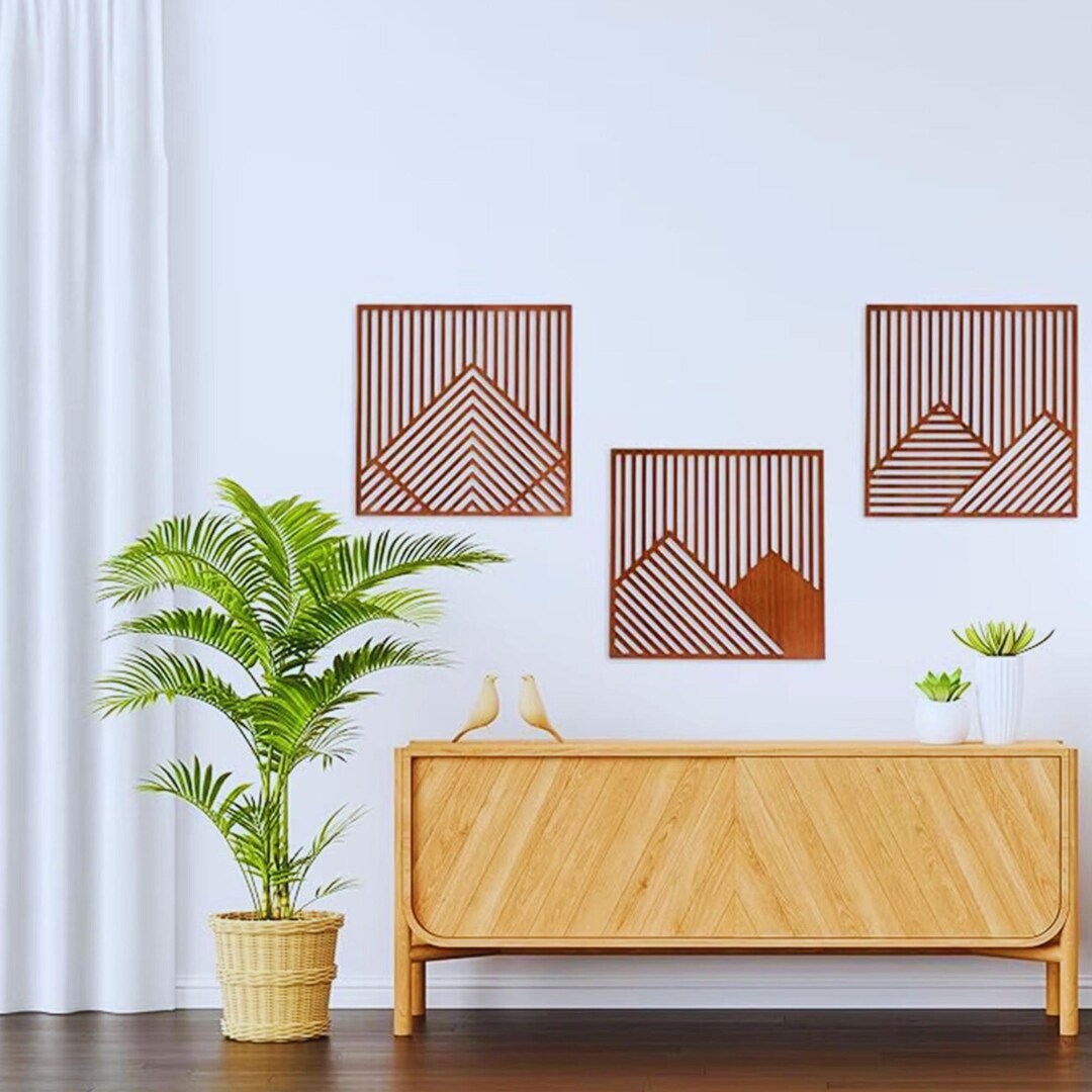 Modern Geometric Wood Wall Art Set – 3 Piece Minimalist Line Art Panels ...