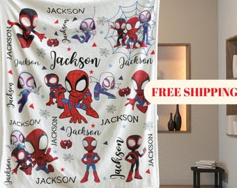 Personalized Spidey Friends Fleece Blanket, Custom Name Throw, Kids Birthday Gift