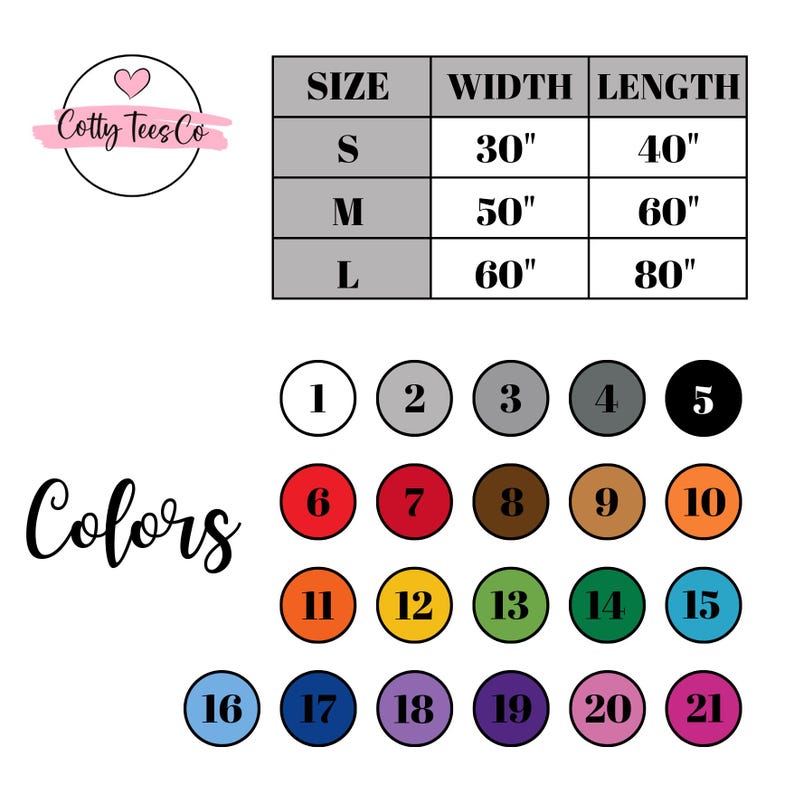 Puede incluir: Un fondo blanco con una tabla de tallas y opciones de color. La tabla de tallas incluye S, M y L, con las medidas de ancho y largo correspondientes en pulgadas. Las opciones de color est&aacute;n numeradas del 1 al 21.