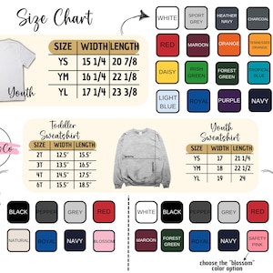 以下が含まれることがあります： ユースと幼児用のスウェットシャツとTシャツのサイズチャート。サイズ、幅、長さの測定値をインチで含みます。白、黒、赤など、色のオプションがボックスに表示されます。