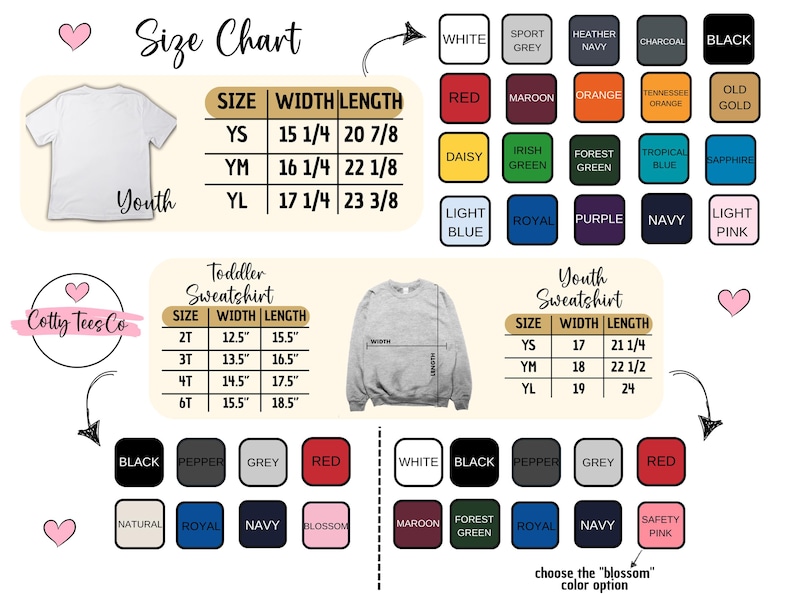 以下が含まれることがあります： ユースと幼児用のスウェットシャツとTシャツのサイズチャート。サイズ、幅、長さの測定値をインチで含みます。白、黒、赤など、色のオプションがボックスに表示されます。