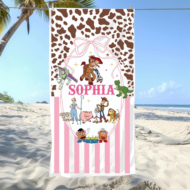 Custom Woody Buzz Lightyear Towels, Personalized Name Toy Story Beach Towel, Aliens Cartoon Family Trip Towels, Jessie Pool Towel bild 8