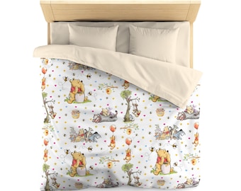 Winnie the Pooh Microfiber Duvet Cover, Hand-Drawn Characters, Baby Shower Gift