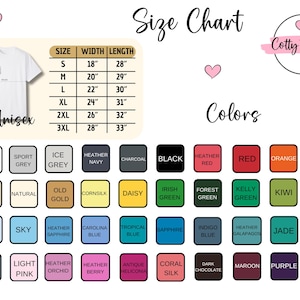 以下が含まれることがあります： ユニセックスTシャツのサイズ表とカラーオプション。サイズ表にはSから3XLまでのサイズがあり、インチで測定されています。カラーオプションには、黒、赤、オレンジ、緑、青などがあります。「Unisex」という文字も表示されています。