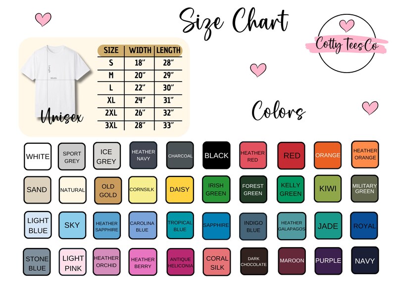 以下が含まれることがあります： ユニセックスTシャツのサイズ表とカラーオプション。サイズ表にはSから3XLまでのサイズがあり、インチで測定されています。カラーオプションには、黒、赤、オレンジ、緑、青などがあります。「Unisex」という文字も表示されています。